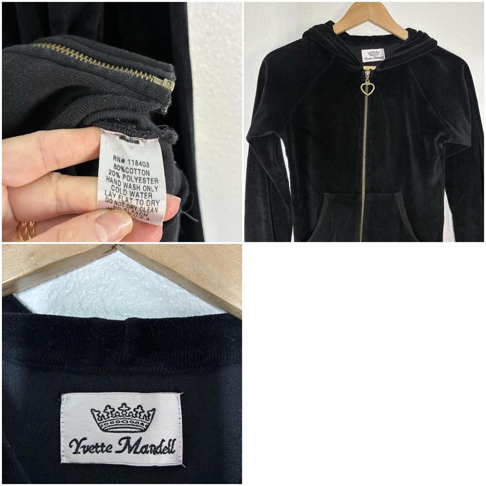 Yvette Mandell Hoodie Womens M Black Velour Full Zip Jeweled Crown Graphic y2k - Picture 8 of 8